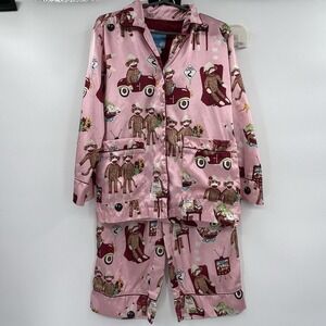 Nick & Nora‎ Girls 2 Piece Sock Monkey Satin Pajama Set Size XS/5 Pink Sleepwear